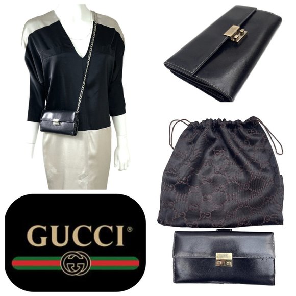 Auc Gucci Black Smooth Leather Vintage Wallet w removable chain - Picture 1 of 16
